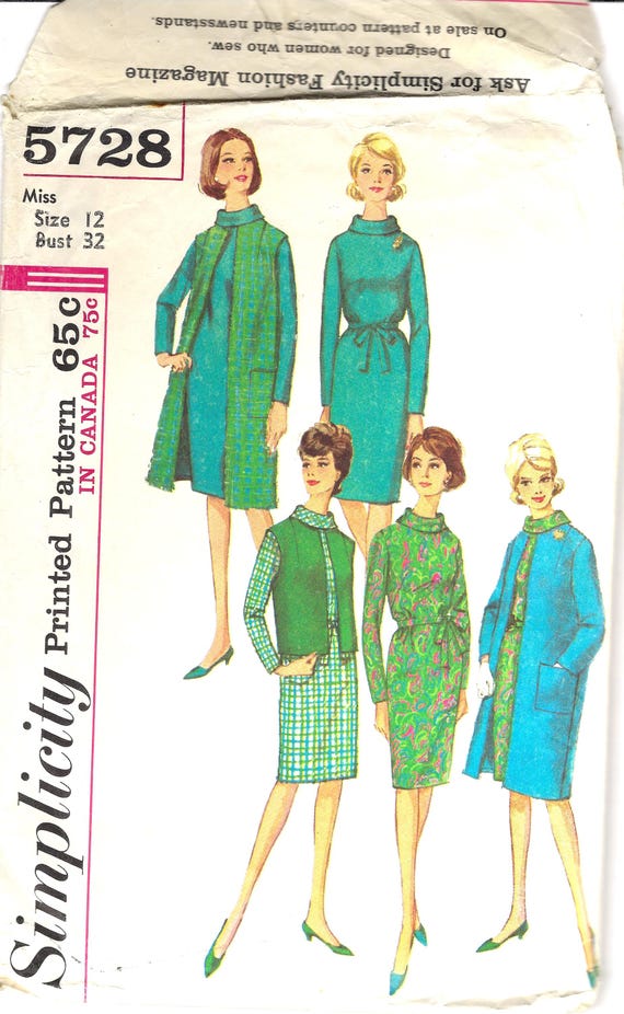 1960s Simplicity 5728 Sewing Pattern: Retro Dress, Coat Vest