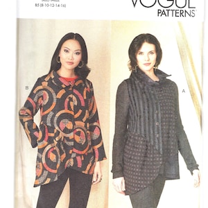 May include: Vogue Patterns sewing pattern number V1817 for a women's top with a collar and long sleeves. The pattern includes two different styles, one with a geometric print and the other with a striped and checkered design. The pattern is designed by Marcy Tilton and printed in the USA.