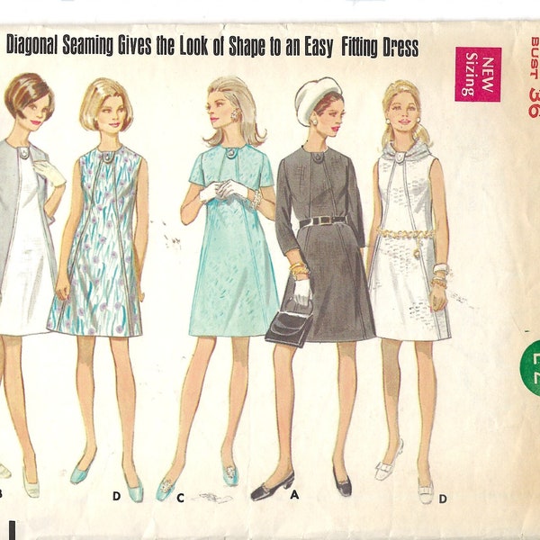 Butterick 5307 UNCUT Vintage 1960's A-Line Dress Sewing Pattern, Jewel Neckline, Misses Size 14