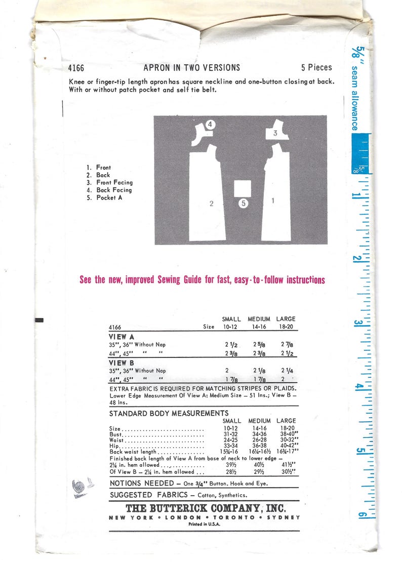 Butterick 4166 60s Misses' Apron Sewing Pattern, Square Neckline, Bust ...
