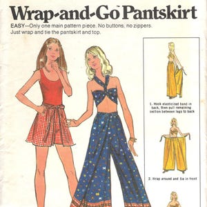 May include: A vintage Butterick sewing pattern for a Wrap-and-Go Pantskirt. The pattern includes illustrations of the pantskirt and top, with sizes from 58 cm to 79 cm. The cover art displays a retro fashion design.