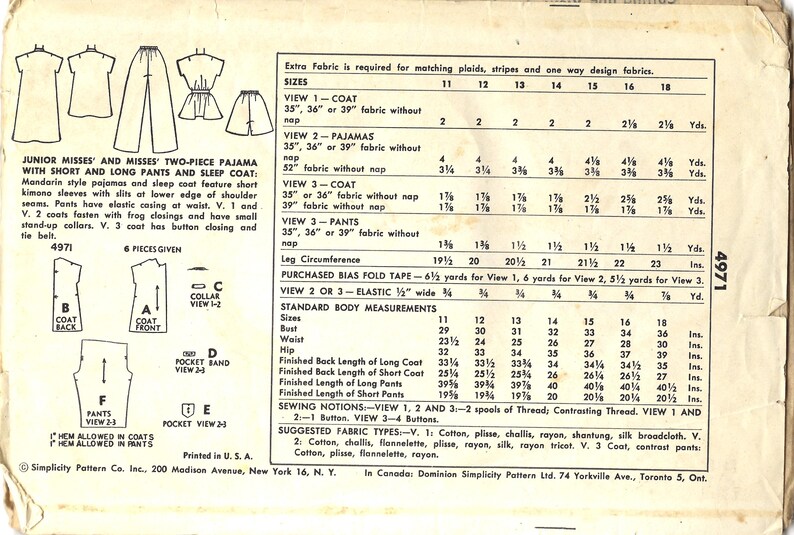 1950's Vintage SIMPLICITY 4971 Pajamas Shorts Pants Sleep Coat, Dress ...