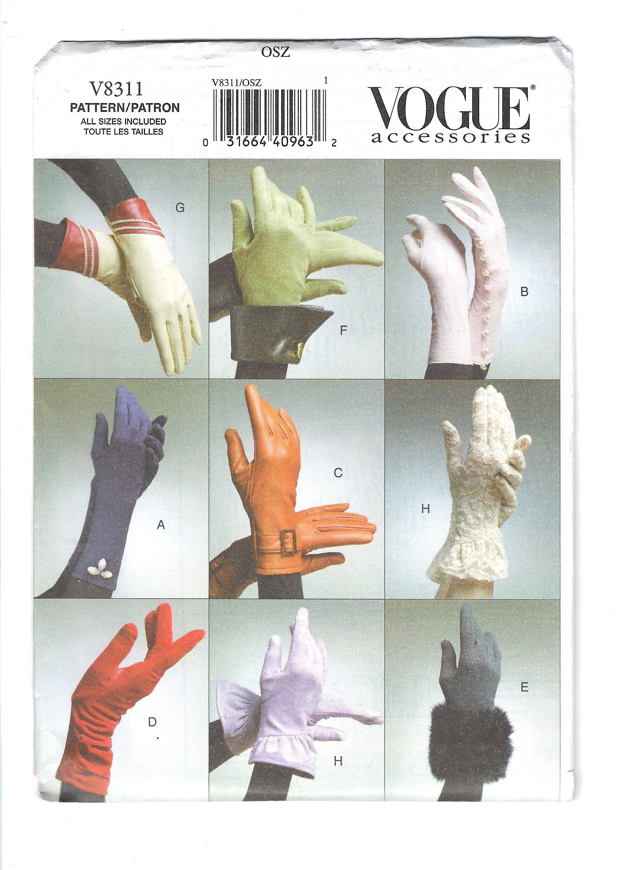Vogue V8311 手袋の縫製パターン、8 種類のバリエーション、全サイズを