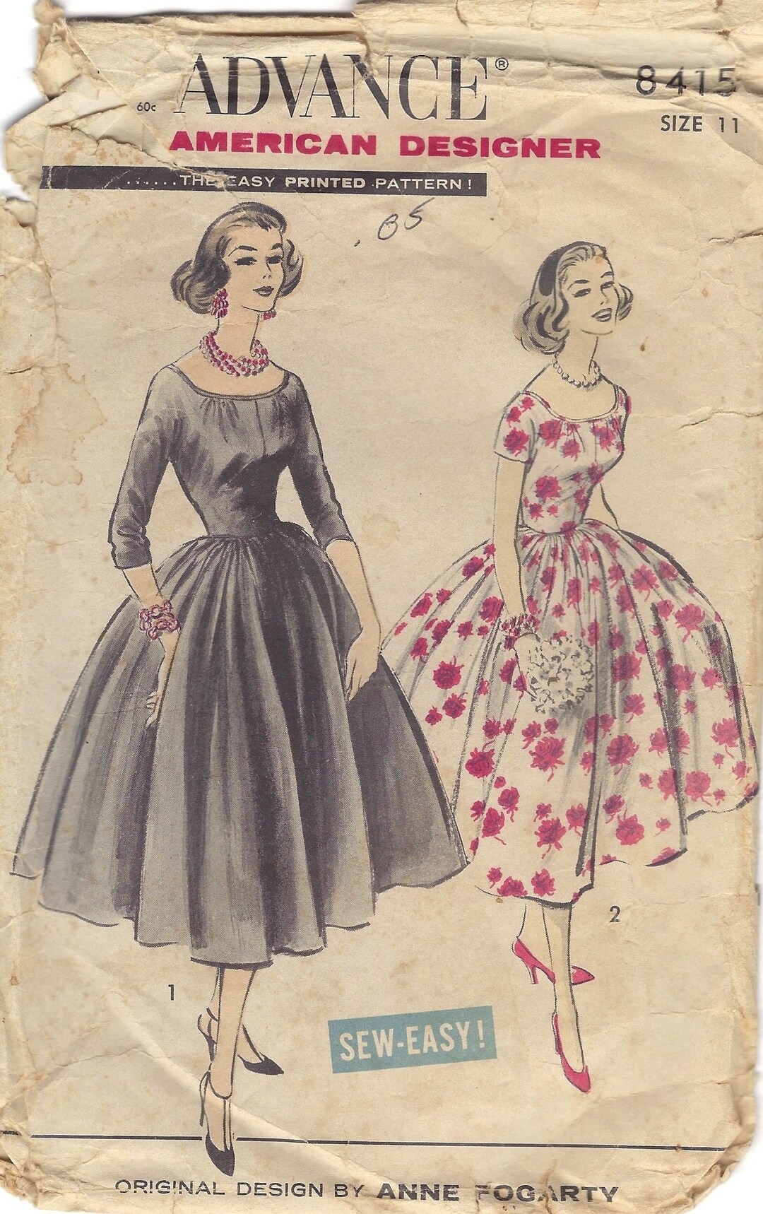 50s One Piece Dress Vintage Pattern, Full Skirt Dress