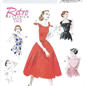 以下が含まれることがあります： 丸首とフルスカートのドレスのヴィンテージソーイングパターン。パターンはバターック製で、サイズ14-16-18-20-22。パターン名は「レトロバターック'53」。