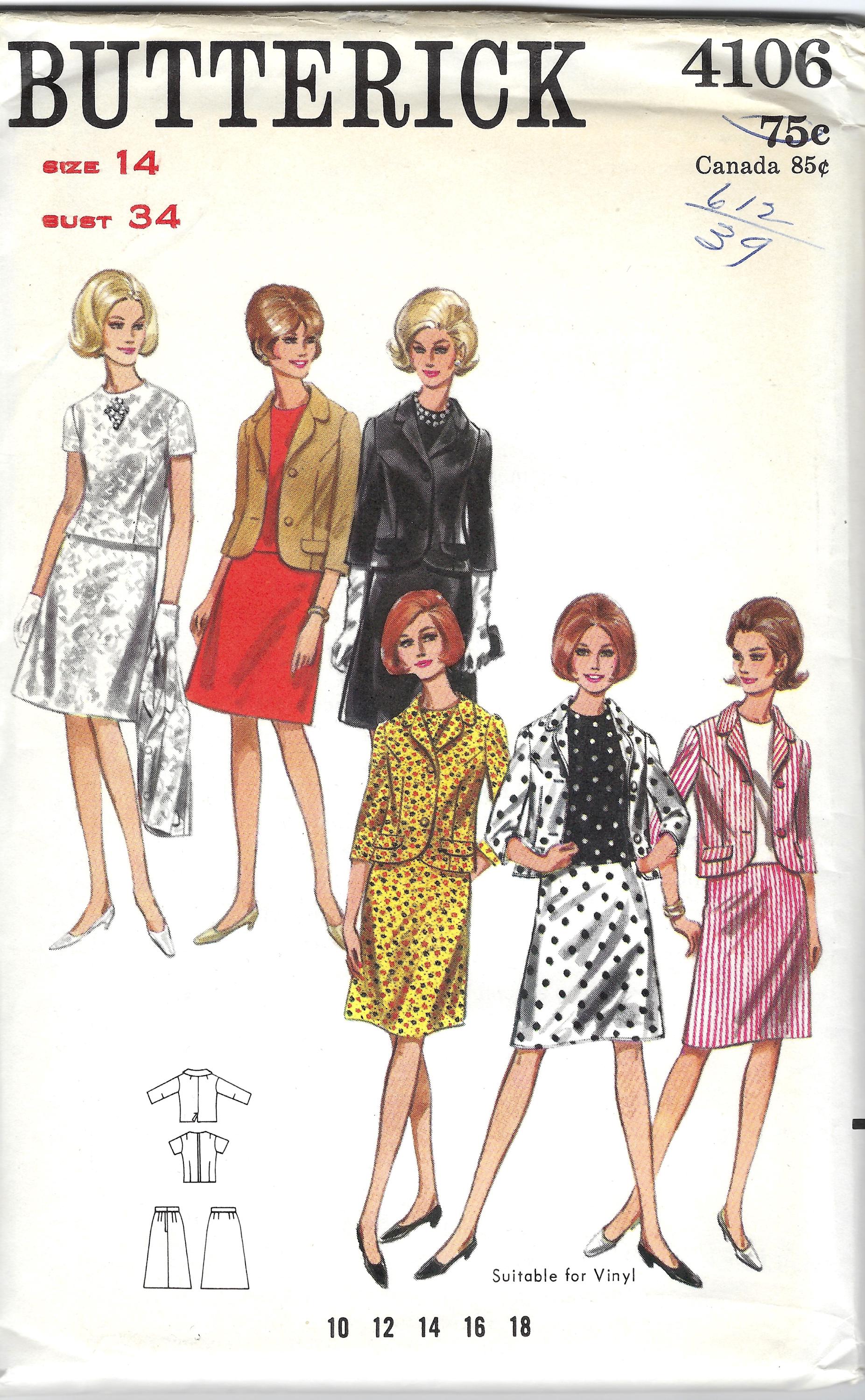Vintage 1960's Butterick 4106 Jacket Blouse Skirt Sewing Pattern Women Size 14 Bust 34 UNCUT