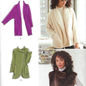May include: Simplicity sewing pattern D0522A with designs for jackets and a vest. The pattern shows illustrations of a purple jacket, a cream teddy bear jacket, a green jacket, and a leopard print vest. The text "easy-to-sew" is also visible.