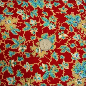 Vintage Cotton Quilt Fabric: Cranberry Red, Blue Coral Print (3.3 Yds)