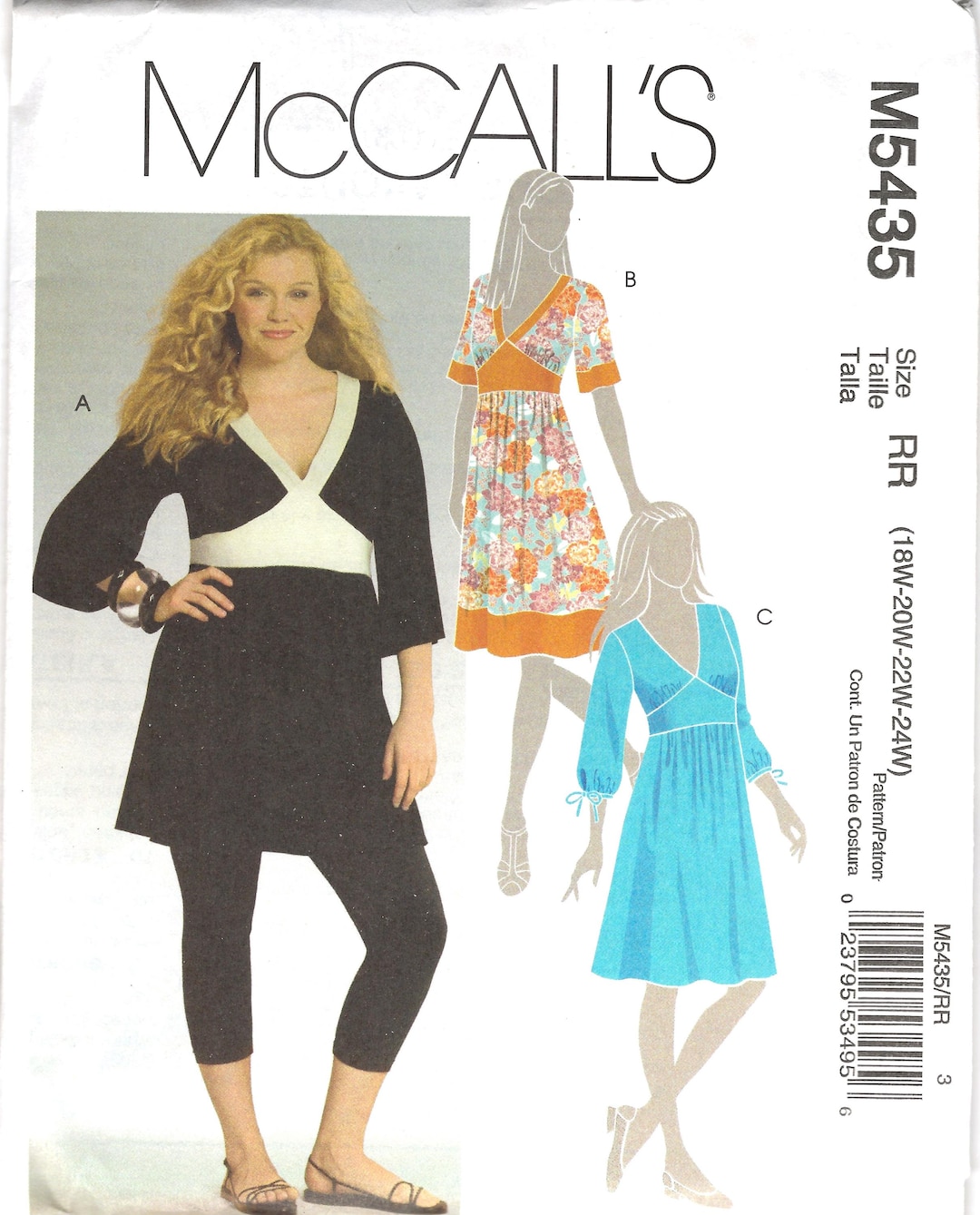 Mccalls Plus Size Dress Sewing Pattern M5435 Bust 40, 42, 44, 46, UNCUT ...