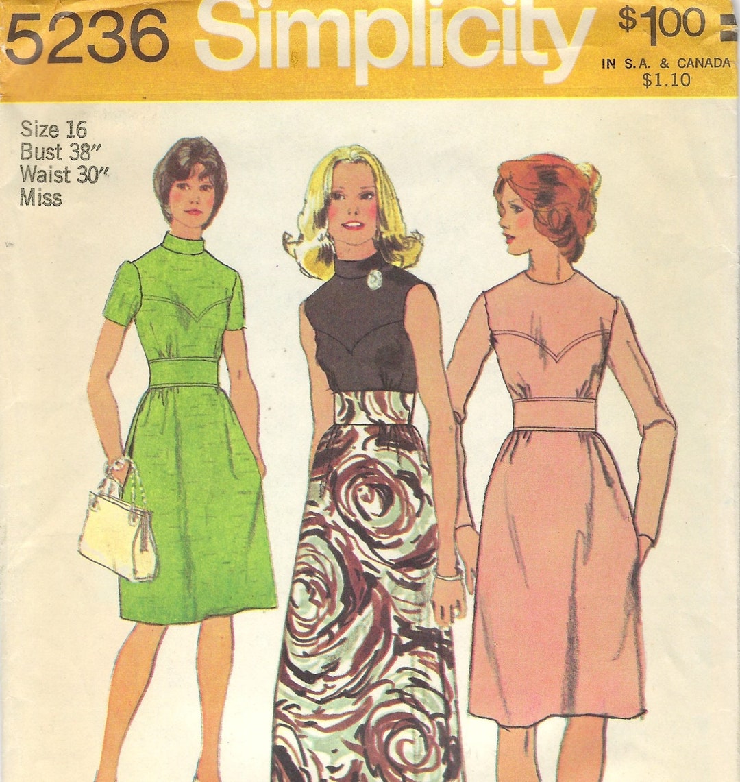 1970s Inset Midriff Dress Sewing Pattern: Simplicity 5236, Size 16 Bust ...