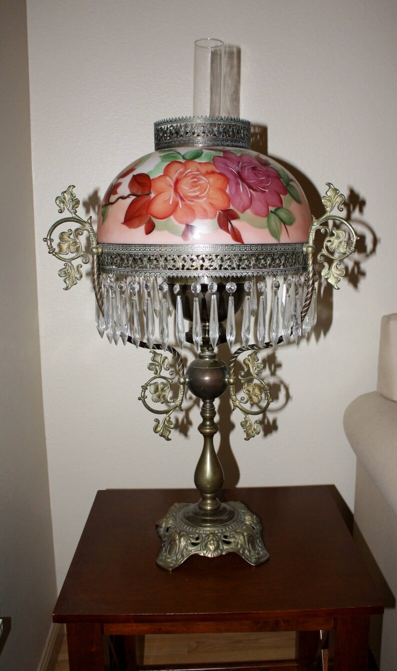 Antique Victorian Oil Table Lamp Pink Fl Handpainted W Hanging Prisms 1800s 30 Inch Tall