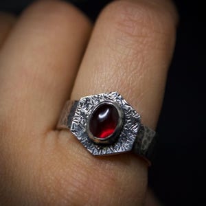 Riftstone Ember Ring: Ruby Cabochon, Hexagonal Sterling Silver, Patina Finish