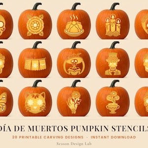 May include: A collection of fifteen orange pumpkins, each featuring a unique gold-colored stencil design related to Día de Muertos, including skulls, flowers, candles, and animals. The text reads DÍA DE MUERTOS PUMPKIN STENCILS 20 PRINTABLE CARVING DESIGNS INSTANT DOWNLOAD Season Design Lab.