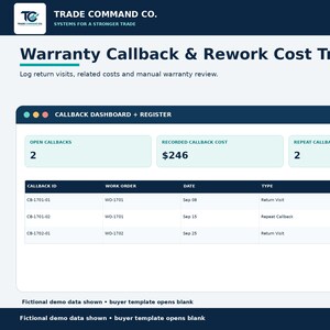May include: A digital Warranty Callback & Rework Cost Tracker Google Sheets template by Trade Command Co. The interface displays a dashboard with open callbacks, recorded costs, and a table tracking callback IDs, work orders, and status.