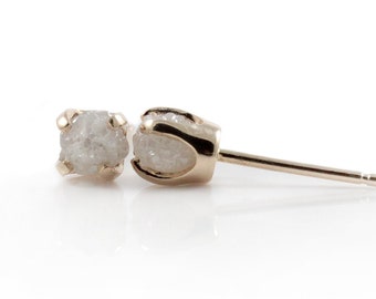 3.5mm White Raw Diamond Studs - 14K Yellow Gold Studs with Rough Diamonds - Gold Posts - Ear Studs