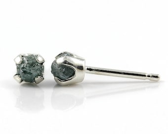 4mm Blue Diamond Post Earrings - Raw Rough Diamonds on Sterling Silver - Rare Blue Diamonds Conflict-Free - 4-Prong Ear Studs