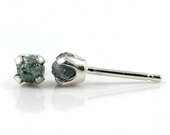 Blue Diamond Round Post Earrings - Raw Rough Diamonds on Silver Studs - 4mm Four Prong Studs - Rare Blue Diamonds, Conflict Free