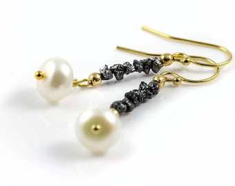 Rough Diamond Pearl Earrings - Mother's Day Gift - 14K Gold Filled - Black Raw Diamonds - White Freshwater Pearls - April Birthstone