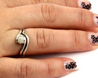 Wedding Ring Set with Rough Diamond - 14K White Gold Engagement Ring - Swirl Design Ring and Band - April Birthstone