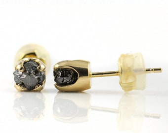 14K Yellow Gold 5mm Post Earrings with Rough Diamonds - Natural Unfinished Raw Stones, Jet Black Diamonds - Solid Gold Studs