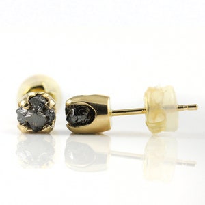 14K Yellow Gold 5mm Post Earrings with Rough Diamonds - Natural Unfinished Raw Stones, Jet Black Diamonds - Solid Gold Studs