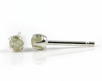 White Diamond Ear Studs - 3mm Tiny Post Earrings, Four Prongs - Raw Rough Diamonds on Silver Posts - Natural Conflict Free Diamonds