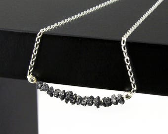 Bar Necklace With Black Rough Diamonds on Sterling Silver Chain - Natural Raw Uncut Diamonds - April Birthstone
