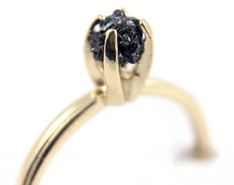 14K Yellow Gold Ring - Raw Rough Diamond Ring - SOLID Gold - Jet Black Diamond - Engagement Ring