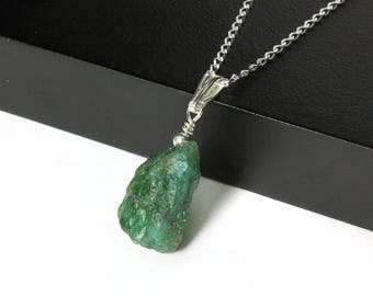 Apatite Necklace Sterling Silver - Emerald Green Apatite Pendant - Irregular Shaped Natural Rough Apatite Necklace - Rough Gemstone Jewelry