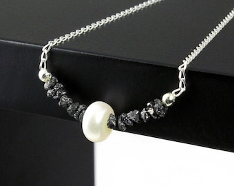 Pearl Necklace with Rough Diamonds on Sterling Silver - Raw Uncut Diamond Jewelry - Freshwater Pearl with Black Diamonds - April Birthstone