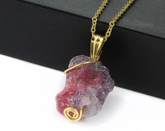 Pink Rough Tourmaline Wire Wrapped Neckless - 14K Gold Filled - Irregular Shape Raw Pink Tourmaline and Quartz - Birthstone Gift