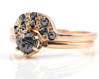 Rough Diamond Ring Set 14K Rose Gold - Classic Solitaire Ring with Matching Band - Jet Black Uncut Diamonds