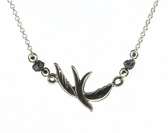 Dove Necklace - Sterling Silver Rolo Chain - Black Rough Raw Diamonds - Sparrow Pendent - April Birthstone