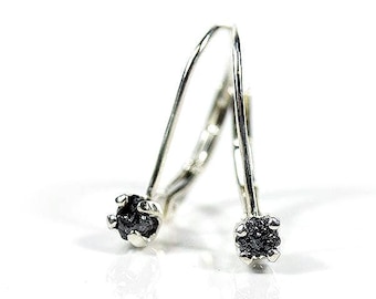 Leverback Earrings with Rough Diamonds on Sterling Silver - Raw Black Diamonds - Natural Conflict Free