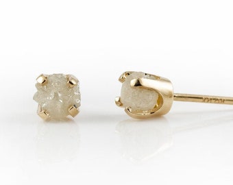 Rough Diamonds in 14K Yellow Gold Studs - White Raw Uncut Diamonds - 4mm Gold Post Earrings - Ear Studs - APRIL BIRTHSTONE