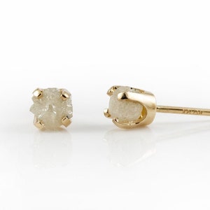 Rough Diamonds in 14K Yellow Gold Studs - White Raw Uncut Diamonds - 4mm Gold Post Earrings - Ear Studs - APRIL BIRTHSTONE