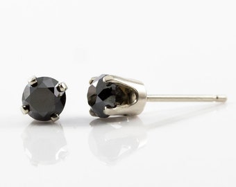 4mm Post Earrings with Polished Diamond - Black Round Cut Diamond Ear Studs - 14K White Gold - Brilliant Diamond Post Earrings - Ear Studs