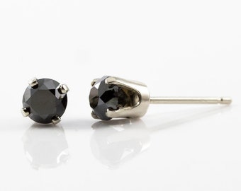 Polished Diamond Earrings - Black Round Cut Diamond Ear Studs - 14K White Gold Diamond Earrings - Brilliant Diamond Post Earrings, Natural