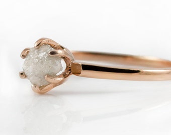 14K Rose Gold Rough Dimoand Ring - Solitaire Ring - White Raw Diamond - Uncut Conflict Free - Classic Engagement Ring - April Birthstone