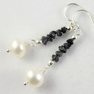 Rough Diamond Pearl Earrings Sterling Silver - Black Raw Diamond Earrings - Bridesmaid Jewelry Gift - Bridal Jewelry - April Birthstone