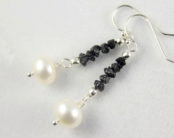 Rough Diamond Pearl Earrings Sterling Silver - Black Raw Diamond Earrings - Bridesmaid Jewelry Gift - Bridal Jewelry - April Birthstone