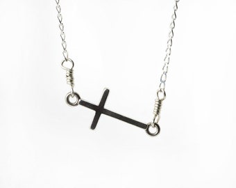 Sideways Cross Necklace in Sterling Silver - Tiny Cross Pendant - Horizontal Cross - Celebrity Style Fashion Necklace