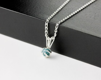 4mm Blue Raw Diamond Pendant Necklace - Sterling Silver Necklace with Natural Conflict Free Diamond - Rare Blue Diamond
