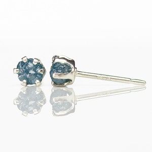 3mm Sterling Silver Studs with Blue Rough Diamonds - Tiny Post Earrings - Rare Blue Uncut Raw Diamonds - Conflict Free