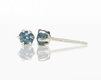 3mm Sterling Silver Studs with Blue Rough Diamonds - Tiny Post Earrings - Rare Blue Uncut Raw Diamonds - Conflict Free