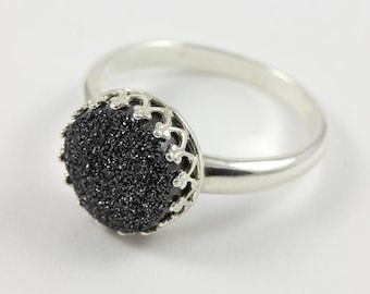 10mm Black Druzy Ring Sterling Silver - Round Quartz Ring Druzzy -  Bezel Set Ring - Drusy Quartz