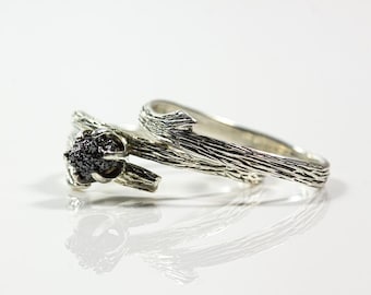 Branch Ring with Rough Diamond - Twig Ring - Engagement Ring with Matching Band - Sterling Silver or 14K Gold Diamond Ring
