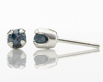 Blue Rough Diamond Post Earrings - 5mm Studs, Four Prongs - Raw Uncut Unfinished Diamonds on Silver Stud Earrings - Natural Conflict Free