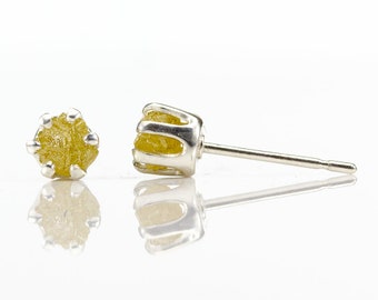4mm Yellow Rough Diamond Stud Earrings - Sterling Silver Posts - Natural Conflict Free Raw Diamonds