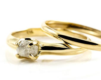 Set of Wedding Rings - 14K Gold with White Natural Diamond - Simple Design Unfinished Raw Diamond Ring - Engagement Ring